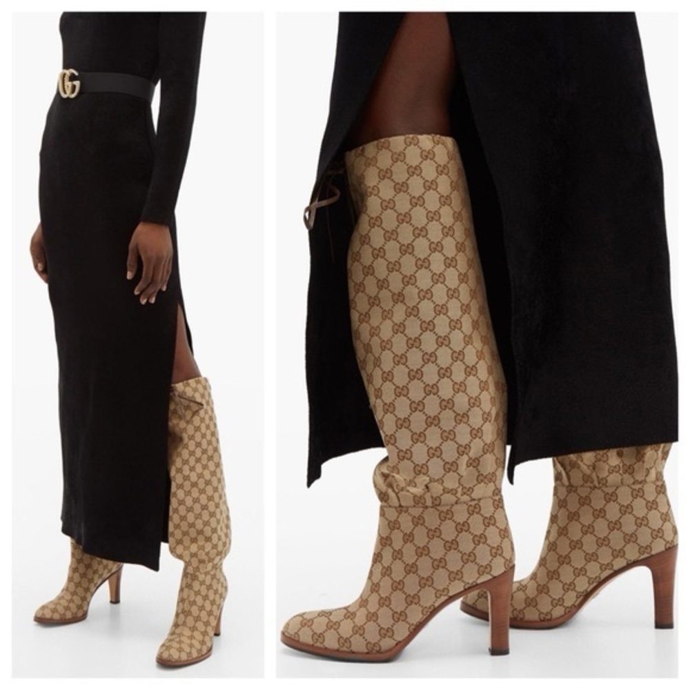 New GUCCI Lisa boots GG monogram beige CANVAS KNEE-HIGH Lisa heeled boots - Picture 3 of 10